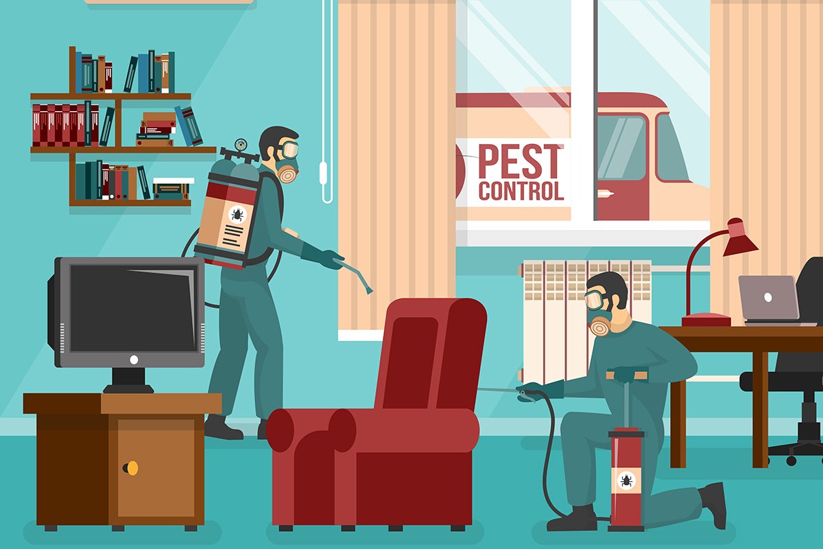  Advertisement Poster of pest control service team at work spraying insecticide in living room
